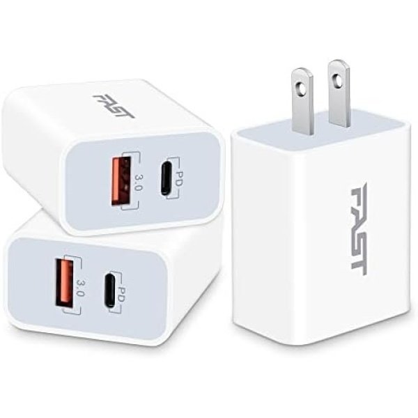 USB C Charger Block Fast Charging, 20W 3-Pack Dual Port PD Plug Power Adapter