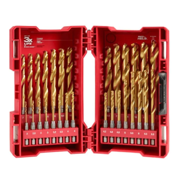 Milwaukee 48894862 29 Piece 2mm-13mm Metric 1/4-Hex Red SHOCKWAVE HELIX Titanium Drill Bit Set
